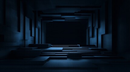 Dark abstract corridor with geometric shapes and blue lighting creates a mysterious atmosphere.