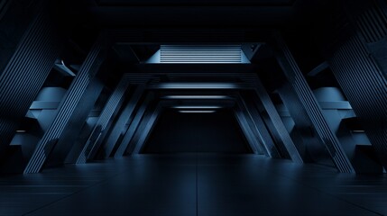 Abstract dark blue corridor with geometric shapes and blurred motion effect.