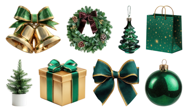 PNG Festive green and gold decorations, element set on transparent background