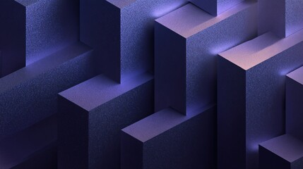 Abstract isometric cubes create a maze-like pattern with purple and gray hues.