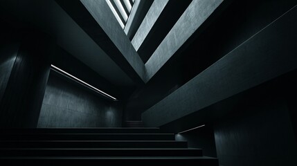 Abstract architecture with geometric shapes and dark tones creating a modern design.