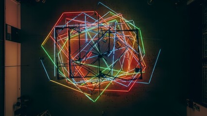Abstract Geometric Neon Light Sculpture Installation.
