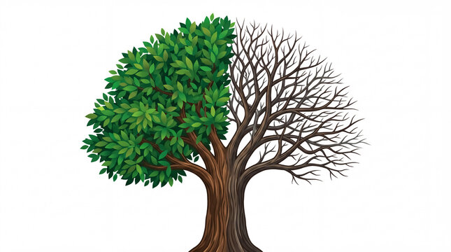 Half of the tree is alive and green and the other half is dry and dead. Concept of environment and climate change. World Earth Day - Powered by Adobe