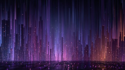 Abstract city skyline with vertical lines in blue purple and orange tones.