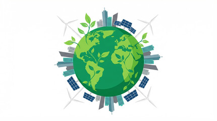 Illustration of a sustainable city around planet Earth. Environment and sustainability concept