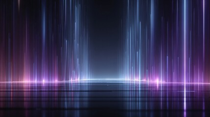 Abstract background with vertical blue and purple light streaks and reflections.