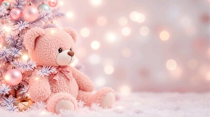 Pastel teddy bear sitting beside dreamy Christmas tree in magical holiday atmosphere