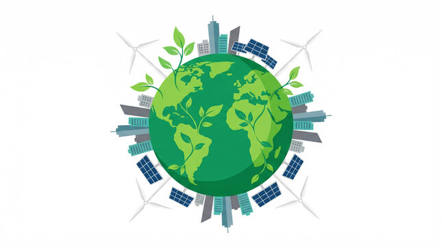 Illustration of a sustainable city around planet Earth. Environment and sustainability concept - Powered by Adobe