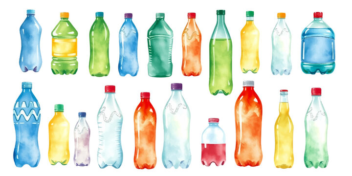 Collection of various plastic bottles with drinks, painted in watercolor style, different colors, isolated on white background. Vector