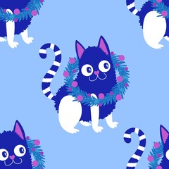 Cartoon funny cats seamless Christmas pattern for wrapping paper and kids clothes print and festive packaging