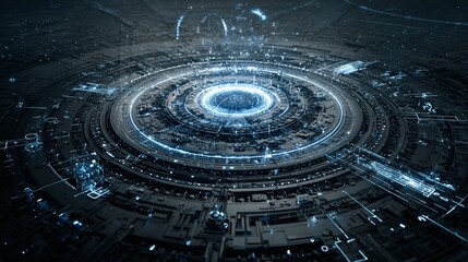 Abstract futuristic technology background with glowing blue light and circular patterns.