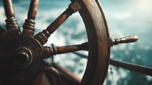 A weathered wooden ship's wheel turns with purpose amid powerful ocean waves crashing against the vessel. The rich grain of the wood shines brightly in the sunlight illuminating th