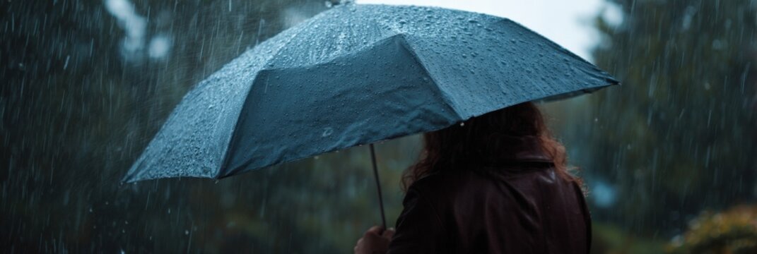 Woman with umbrella in rainy weather in nature