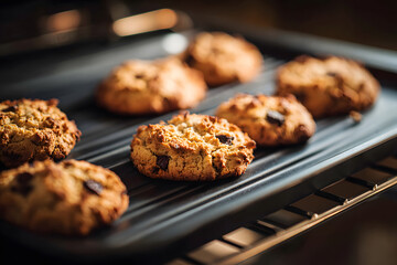 Freshly baked cookies cooling on a tray in a cozy kitchen in the evening light