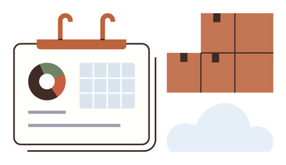 Analytics on a calendar with pie chart, grid, and text beside stacked boxes and a cloud shape. Ideal for logistics, delivery, scheduling, planning, tracking, productivity simple flat metaphor