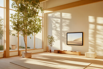 Minimalist Smart Living Room with Wall Display and Natural Light