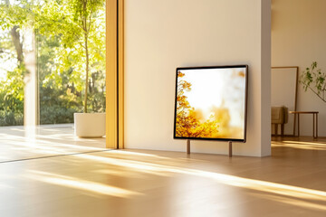 Minimalist Smart Living Room with Wall Display and Natural Light