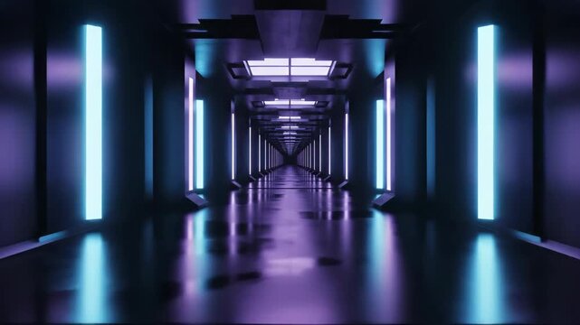 Futuristic Sci-Fi Hallway with Neon Lights, Digital Art