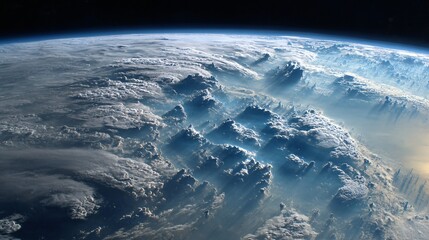 Earth view from space showing clouds and atmosphere with sun glare on horizon.
