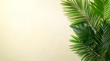 Fototapeta premium Soft Focus Palms Leaves Shadow on Creamy Wall, Stunning Summer Background for Product Photography and Minimalist Visual Storytelling