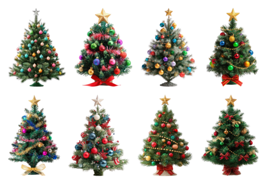 PNG Colorful festive Christmas trees, element set on transparent background - Powered by Adobe