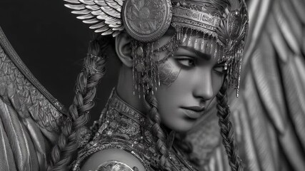 A fierce woman stands adorned in intricately designed armor with glorious wings, radiating strength and bravery. Her elaborate hairstyle and detailed jewelry enhance her commanding