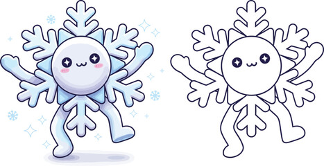 Fototapeta premium Cute cartoon snowflake character dancing with black and white coloring page outline. Vector illustration of happy winter mascot for kids isolated on white background.