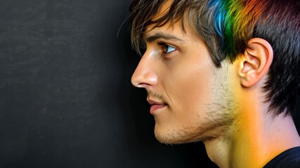 Colorful Reflection: A profile of an individual with streaks of vibrant rainbow colors illuminating the side of face, embodying diversity, self-expression and the beauty of individuality.