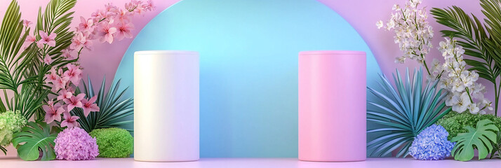 Minimalist Pedestal Podium Collection: Soft-Box Lit Cylindrical Display Stands in White, Pastel Pink, and Sky Blue with Optional Leaf Shadows on a Gradient Wall
