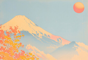 Asian landscape with mount Fuji summit and autumn leaves, evoking vintage Japanese woodblock print art. Minimalist aesthetic for travel background.