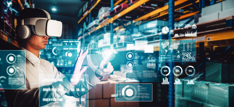 Future virtual reality technology for innovative VR warehouse management . Concept of smart technology for industrial revolution and automated logistic control .