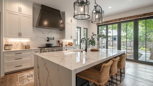 Modern Kitchen Island With Marble Countertop And Stainless Steel Appliances With Large Glass Doors Leading Outside