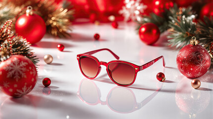 Festive red-and-white Christmas scene featuring stylish sunglasses on a reflective surface surrounded by ornaments and decorations