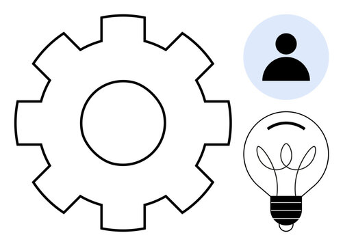 Gear, person icon, and light bulb illustrating teamwork, innovation, process optimization, problem-solving, and leadership. Ideal for creativity, productivity brainstorming collaboration
