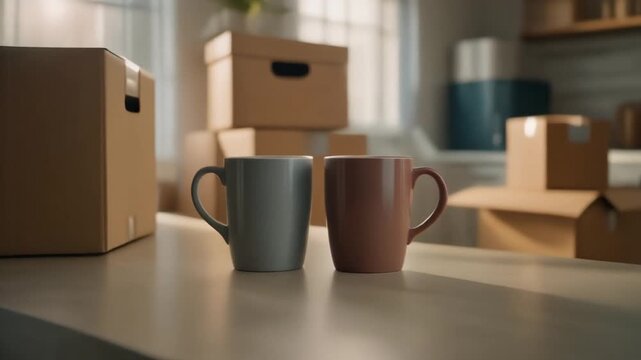 A Pair of Coffee Mugs on Kitchen Counter Amidst Moving Boxes