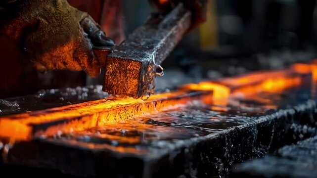 Medium shot of a technician quenching heated steel in a water bath to rapidly cool and harden the metal surface for increased strength.