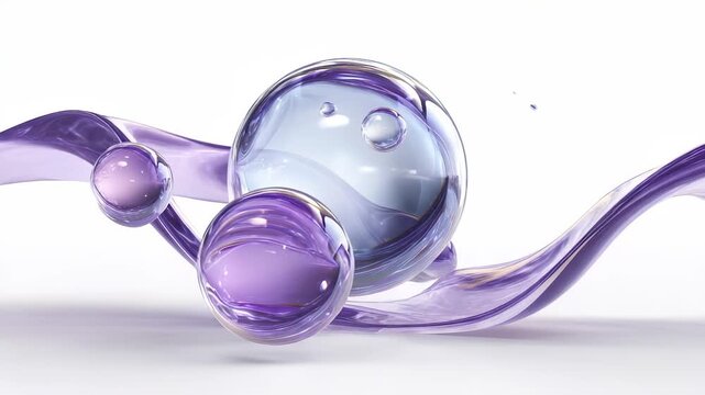 Three shimmering bubbles float above a gentle wave of translucent purple material, creating a scene of serenity. The bubbles reflect light beautifully, showcasing delicate hues of