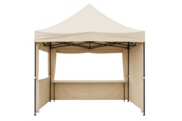Pop-up tent with counter, white canvas gazebo for outdoor market stall, food stand, or event booth on transparent background
