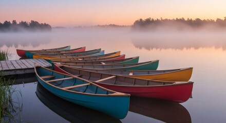Colorful canoes moored by a wooden dock on a foggy lake at dawn, reflecting nature's tranquility. For travel blog, outdoor, adventure, and calm lifestyle.