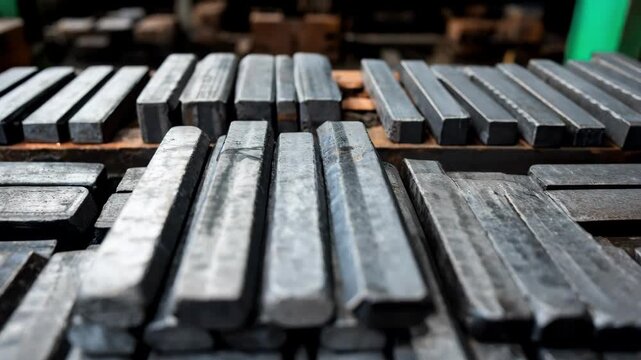 Medium shot of metal products laid out after undergoing cryogenic treatment focusing on surface smoothness and resistance to corrosion in a factory environment