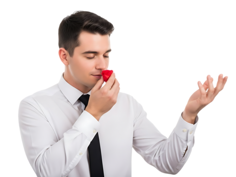 Man in white shirt smelling a red object with closed eyes