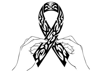 Hands holding black patterned ribbon symbolizing awareness and support