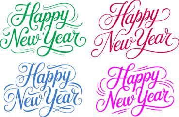 Colorful multi-variant Happy New Year calligraphy set created for holiday designs
