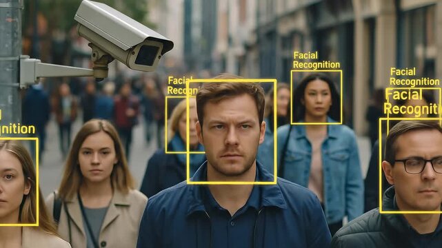 Surveillance camera identifies multiple individuals in a crowded city street. Digital overlays indicate biometric scanning in action. Camera pans horizontally then tilts vertically.