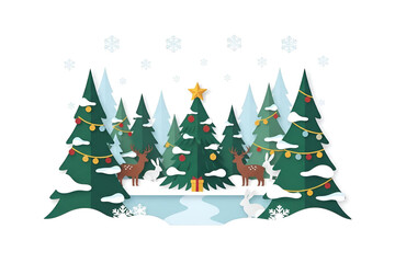 Obraz premium Christmas scene with decorated trees and reindeer in winter 
