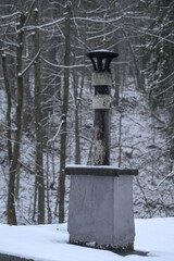 Old house chimney from a cottage outside in winter.
