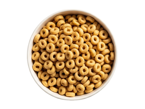 Top view of a bowl filled with golden ring shaped breakfast cereal