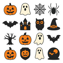 Spooky Halloween: Halloween themed illustrations including jack o'lanterns, spiderwebs, ghosts, bats, and other spooky objects, great for creative projects and backgrounds.