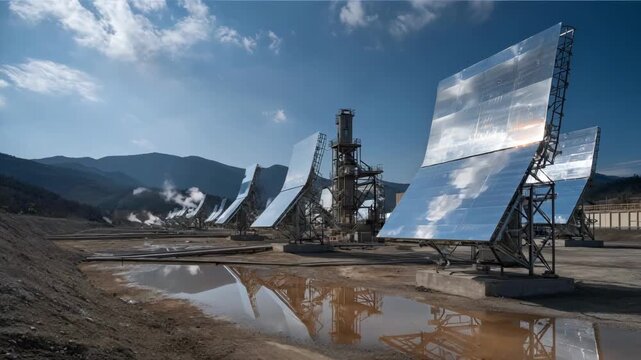 Medium shot of solar concentrators directing sunlight onto smelting machinery demonstrating innovative methods for green metal extraction with minimal environmental impact.