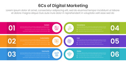 6cs of digital marketing infographic with round rectangle box opposite direction with 6 step points for slide presentation